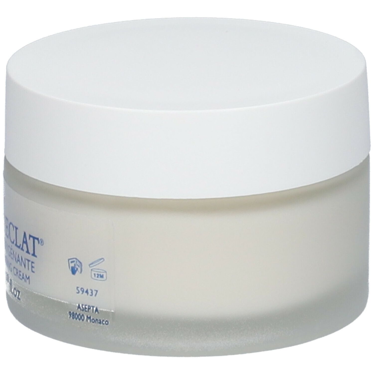 Pot de crème avec couvercle blanc. Étiquette : Coup d'Éclat Crème Jour Oxygenante.