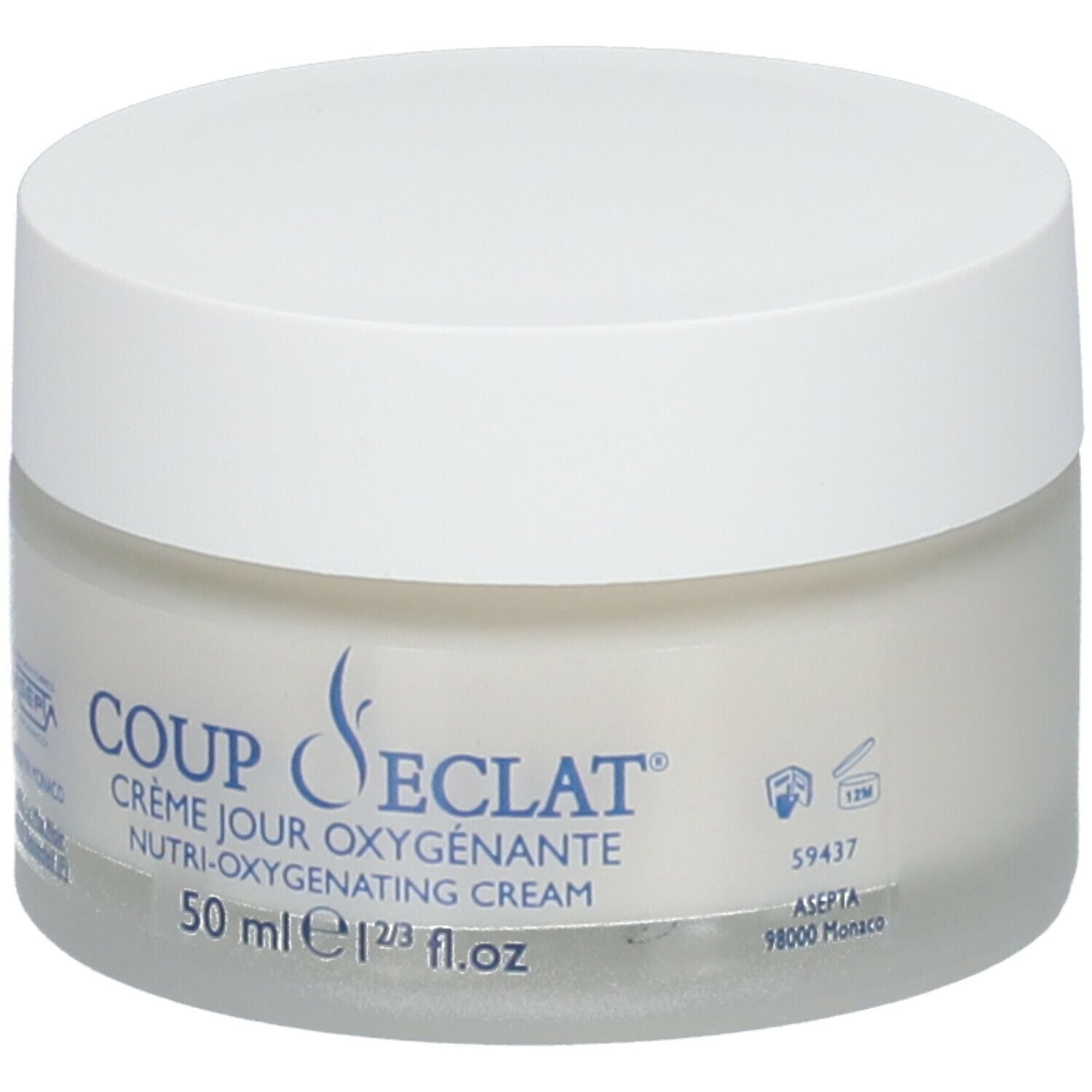 Pot de crème avec couvercle blanc. Étiquette : Coup d'Éclat Crème Jour Oxygenante. 50 ml.