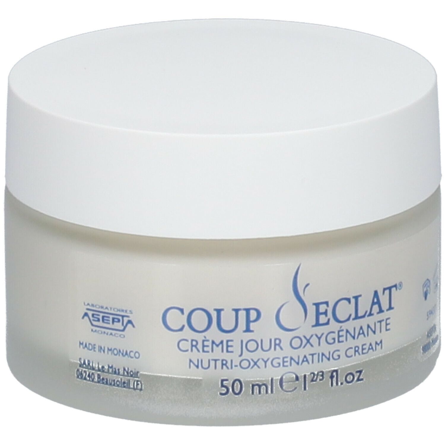 Pot de crème avec couvercle blanc. Étiquette : Coup d'Éclat Crème Jour Oxygenante. 50 ml.