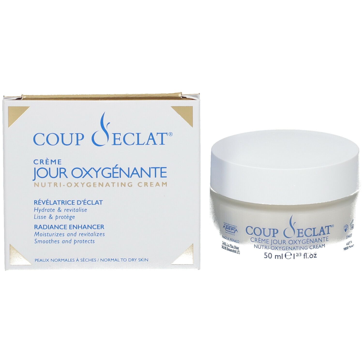 Pot de crème et boîte. Sur la boîte : Coup d'Éclat Crème Jour Oxygenante. 50 ml.