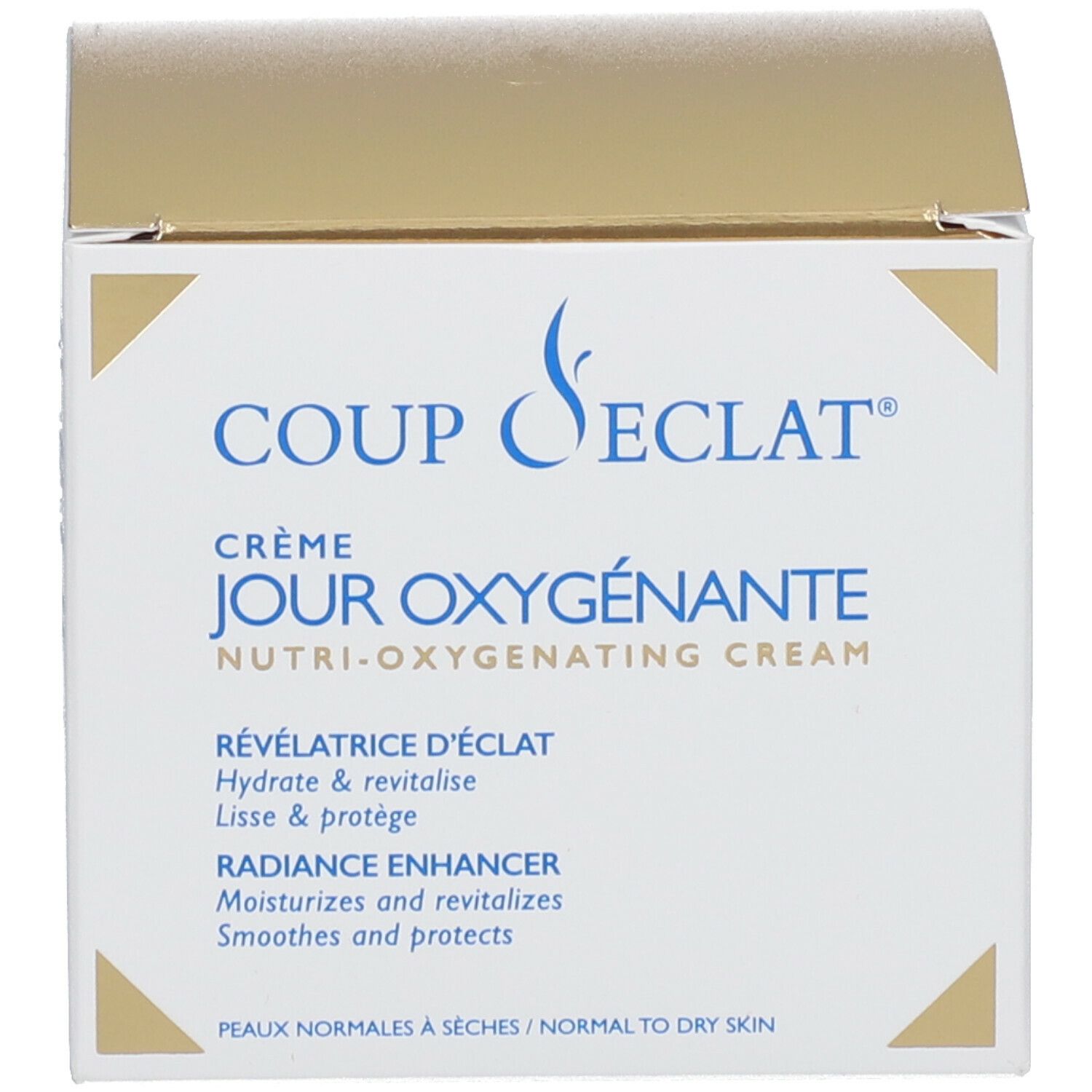 Boîte blanche avec des accents dorés. Sur la boîte : Coup d'Éclat Crème Jour Oxygenante.