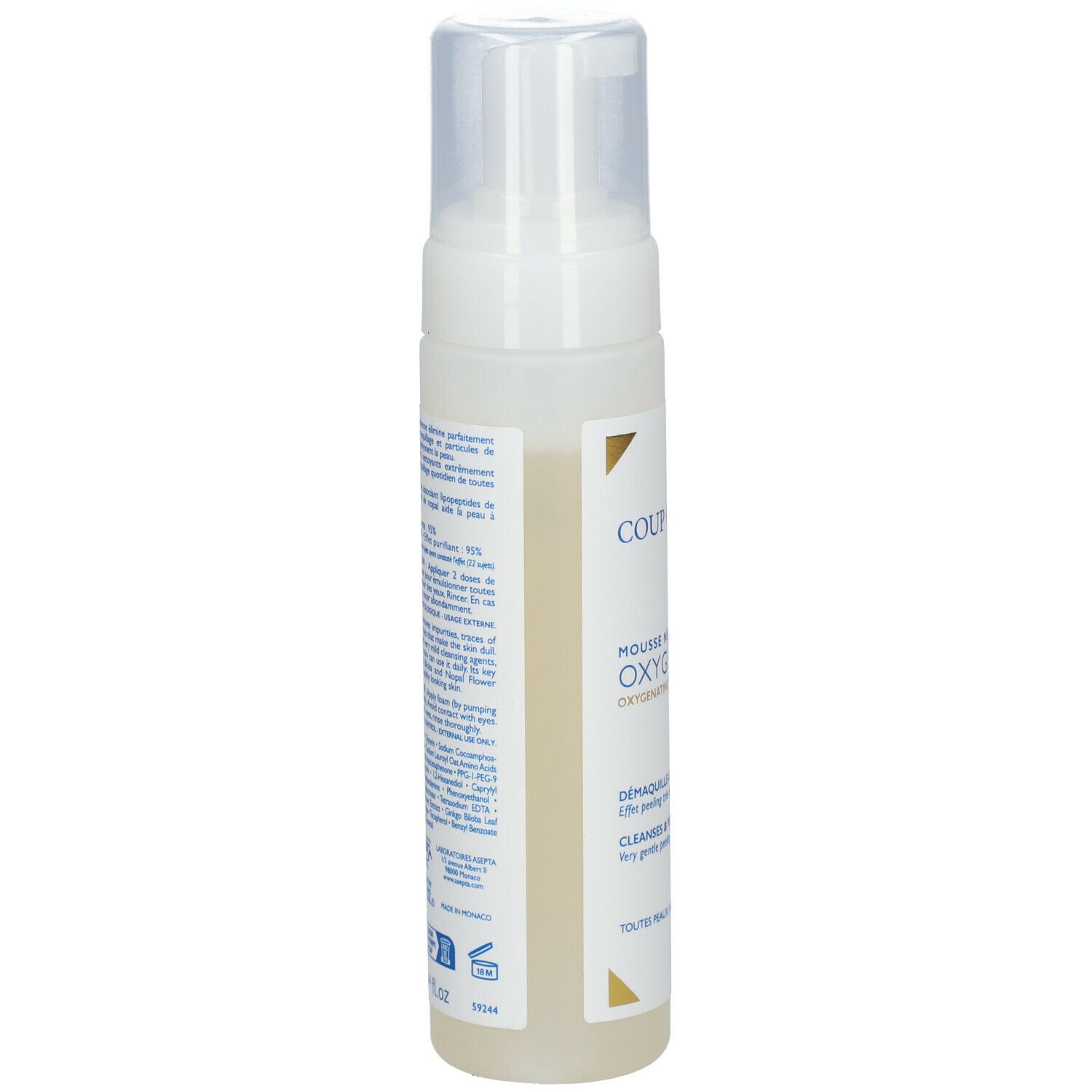 Witte fles met sproeikop. Opschrift: COUP D'ECLAT. Tekst op de achterkant. 150 ml.