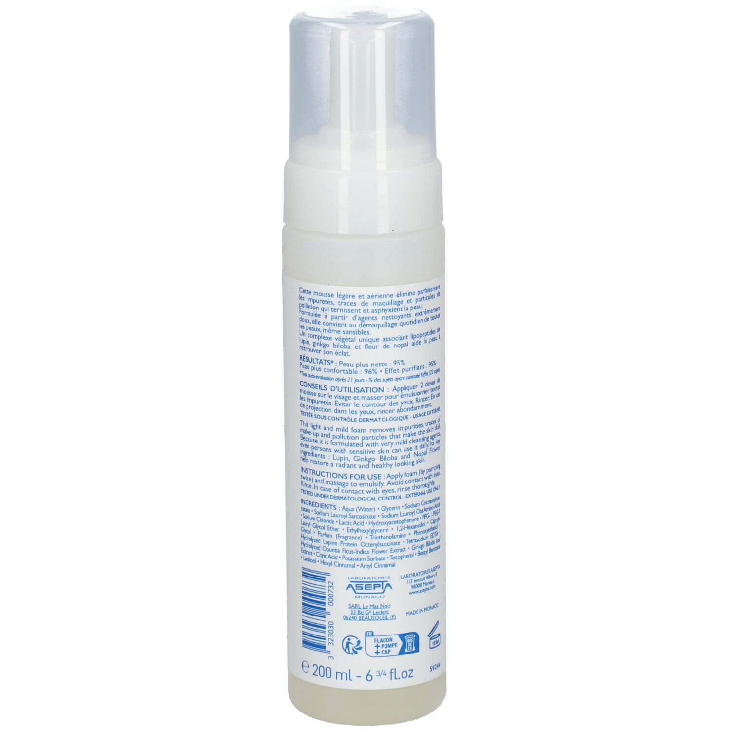 Witte fles met sproeikop. Tekst op de achterkant. 200 ml. Ingrediënten en gebruiksaanwijzing.
