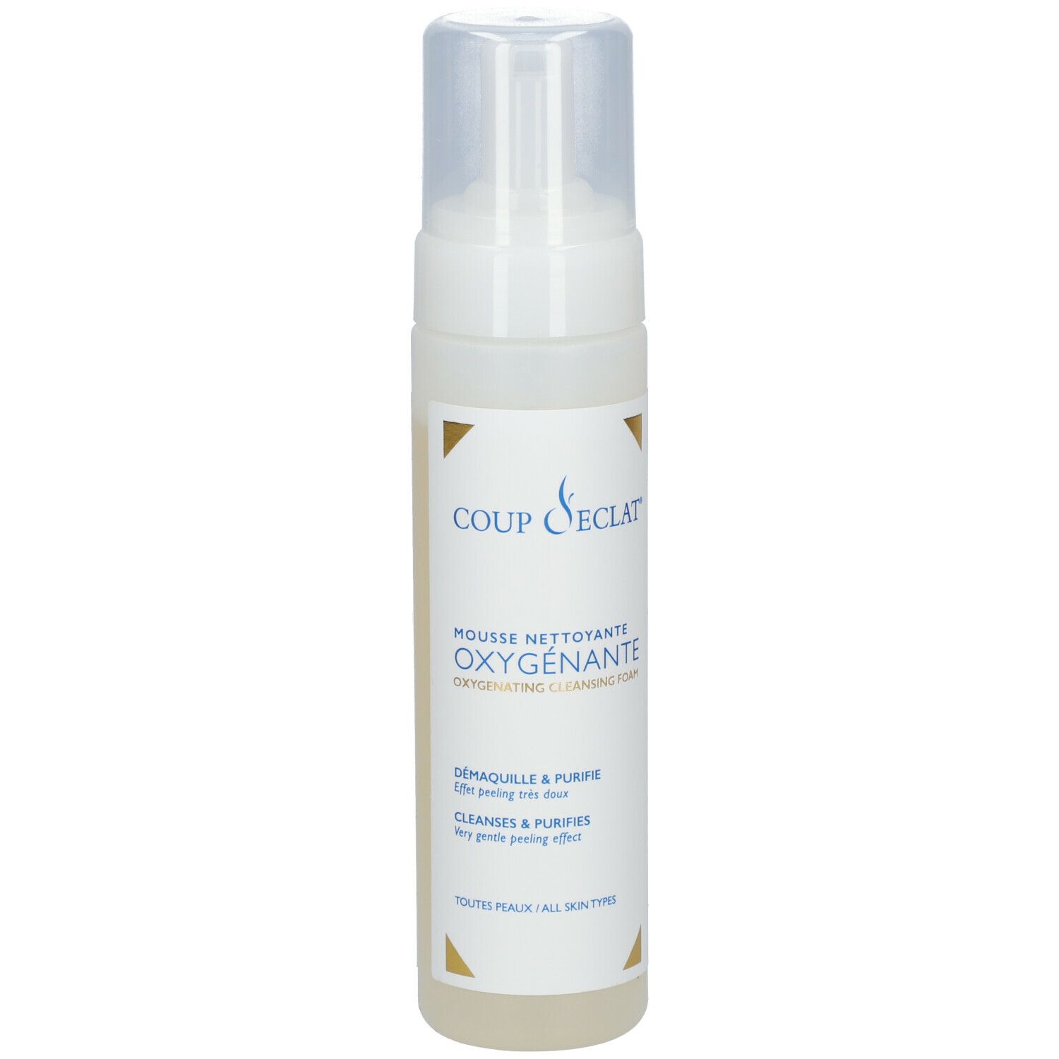 Witte fles met sproeikop. Opschrift: COUP D'ECLAT, MOUSSE NETTOYANTE OXYGENANTE, reinigingsschuim.