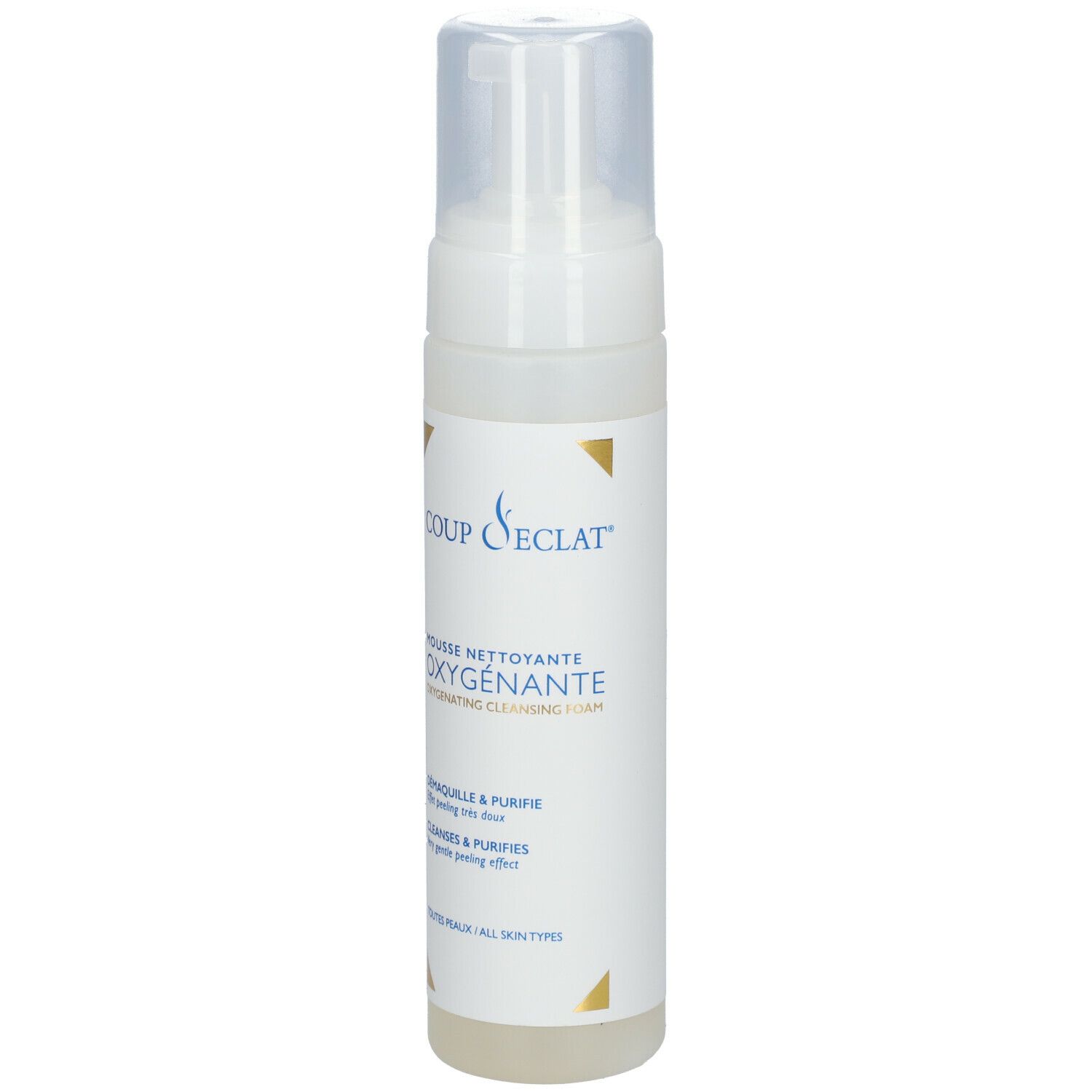 Witte fles met sproeikop. Opschrift: COUP D'ECLAT, MOUSSE NETTOYANTE OXYGENANTE, reinigingsschuim.