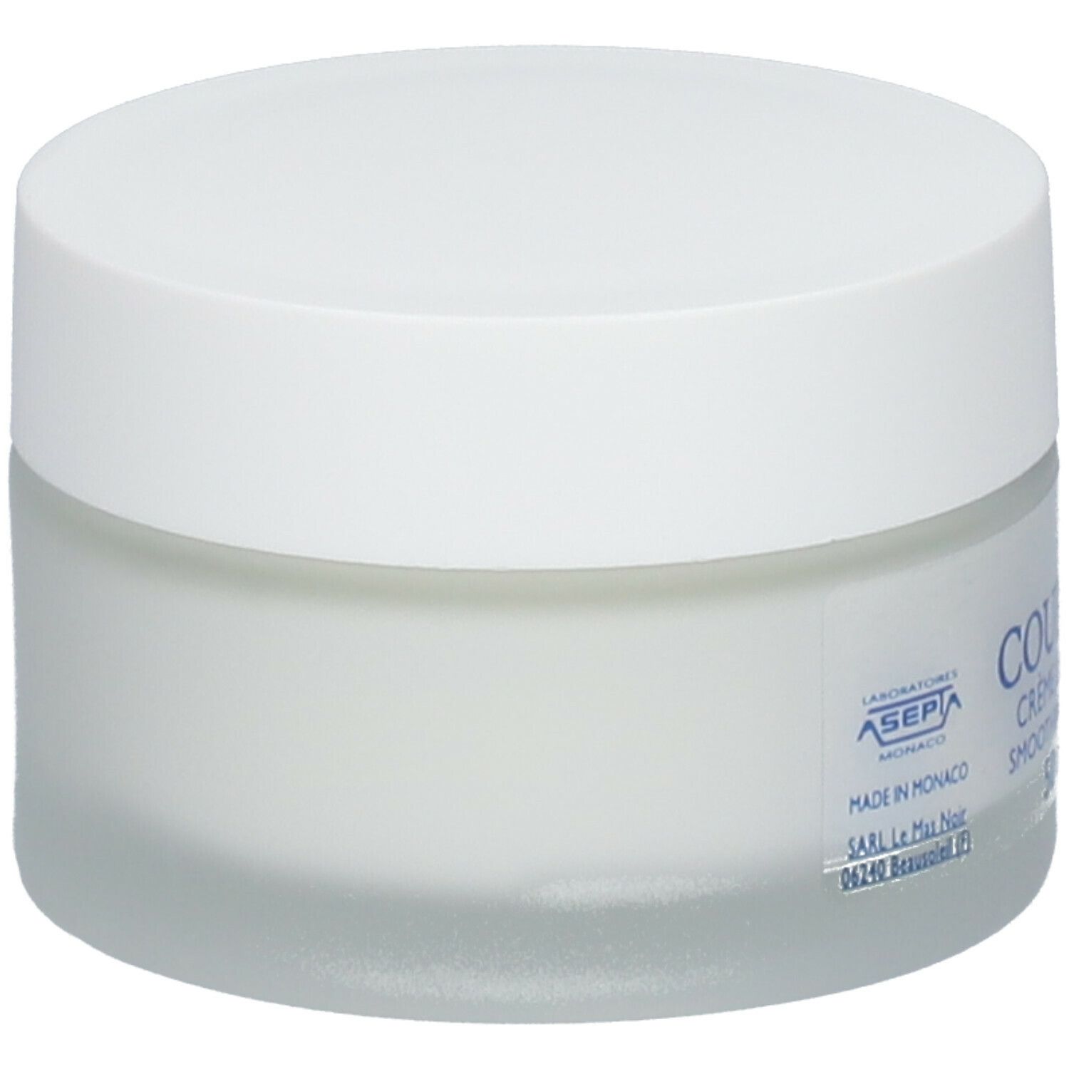 Pot de crème blanc avec couvercle. Inscription : Coup d'Éclat, Crème Lissante 1ères Rides, Smoothing 1st Wrinkle Cream. Logo du fabricant.