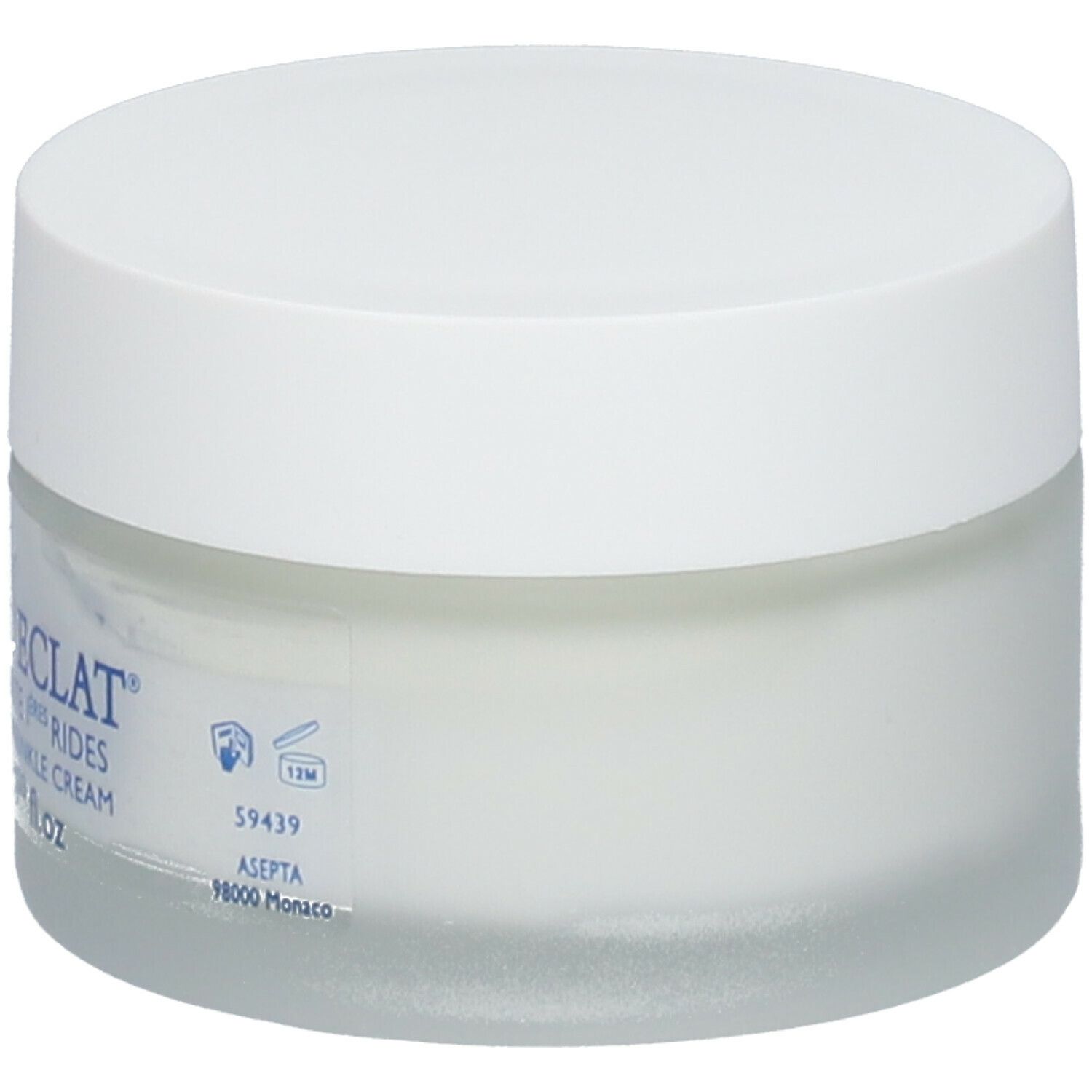 Pot de crème blanc avec couvercle. Inscription : Coup d'Éclat, Crème Lissante 1ères Rides, Smoothing 1st Wrinkle Cream. Logo du fabricant.