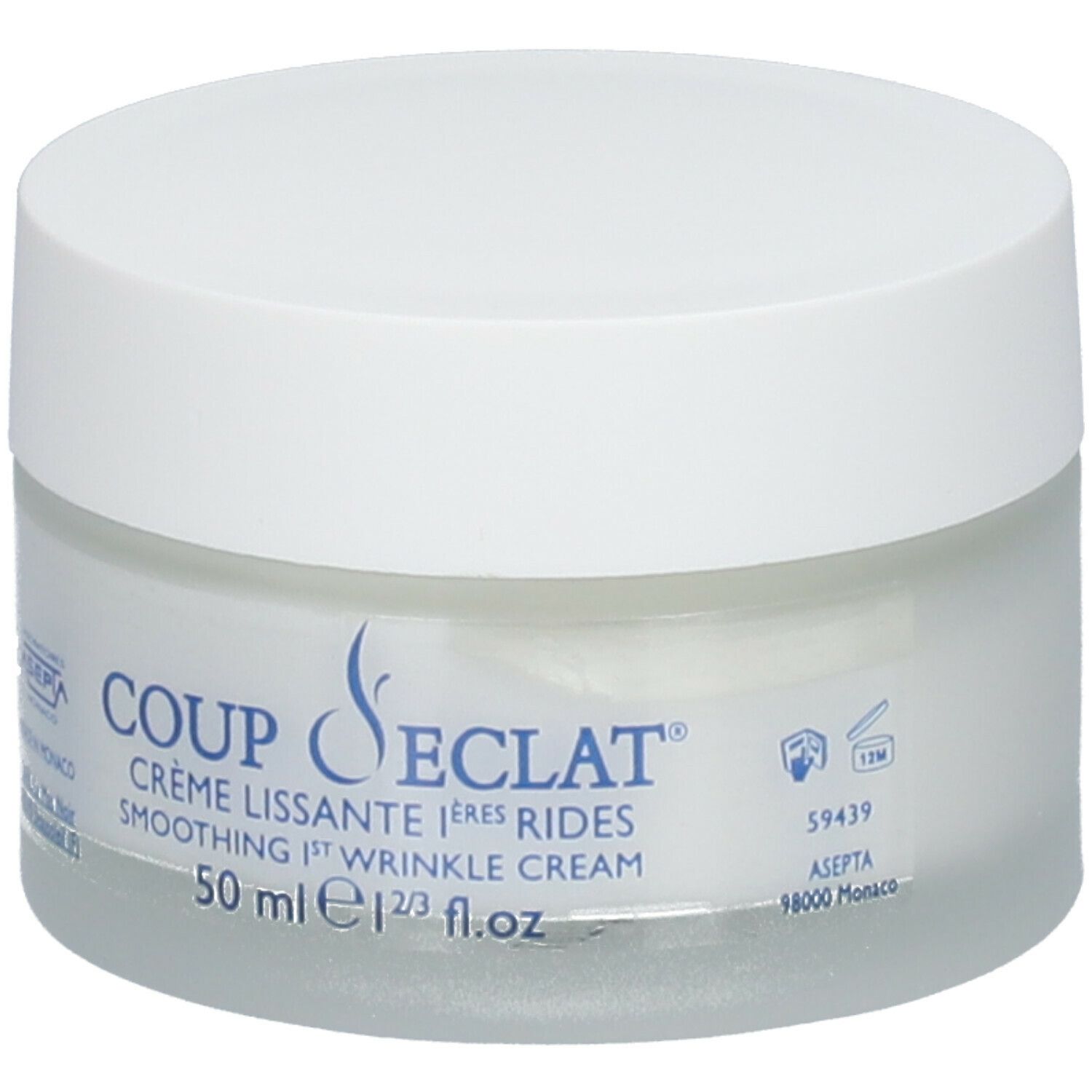 Pot de crème blanc avec couvercle. Inscription : Coup d'Éclat, Crème Lissante 1ères Rides, Smoothing 1st Wrinkle Cream. 50 ml.