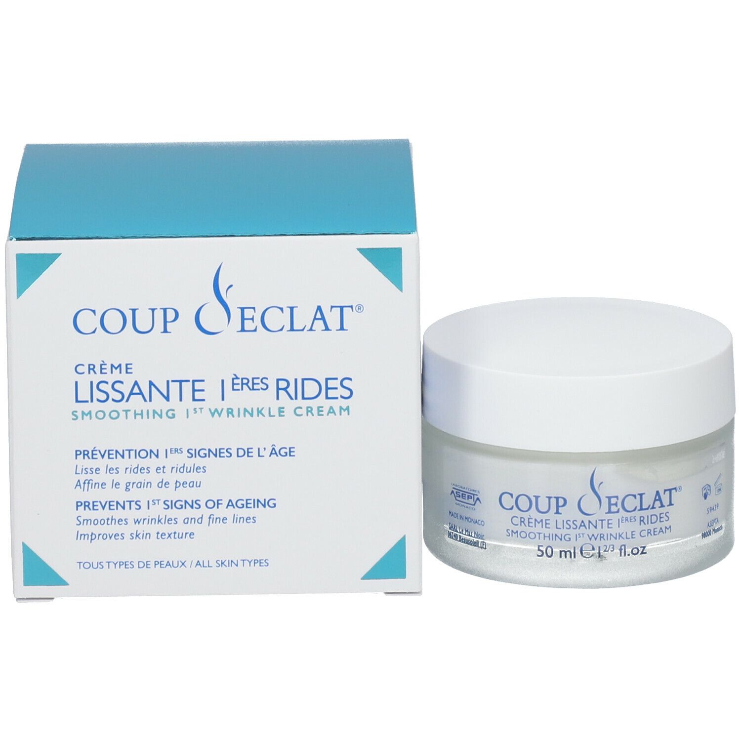Pot de crème et boîte. Inscription : Coup d'Éclat, Crème Lissante 1ères Rides, Smoothing 1st Wrinkle Cream. Tous types de peaux.