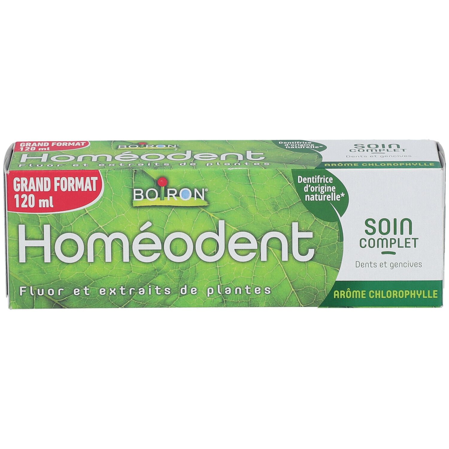 Emballage de soin dentaire. Logo "Homeodent", "Grand Format 120 ml". Vert et blanc. Texte: Fluor et extraits de plantes.