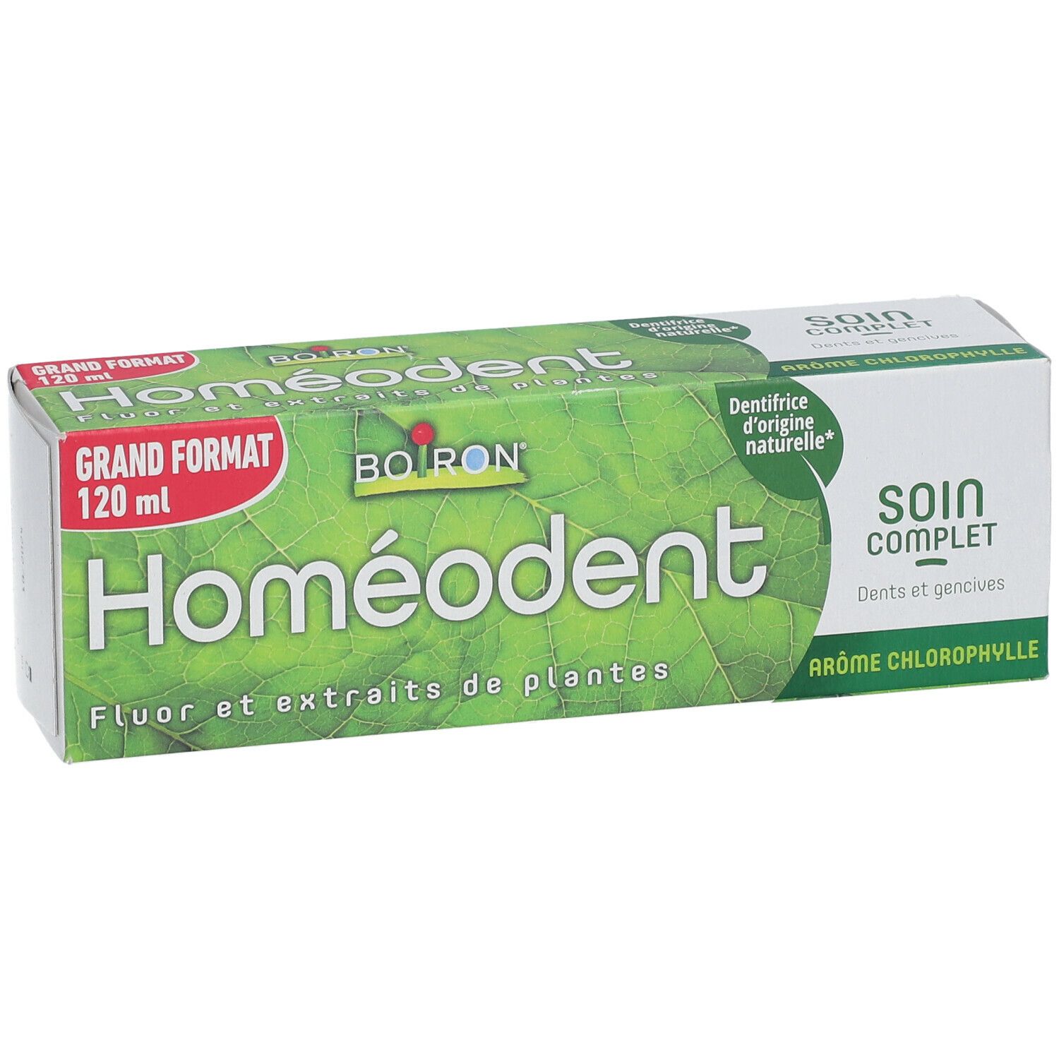Emballage de soin dentaire. Logo "Homeodent", "Grand Format 120 ml". Vert et blanc. Texte: Fluor et extraits de plantes.