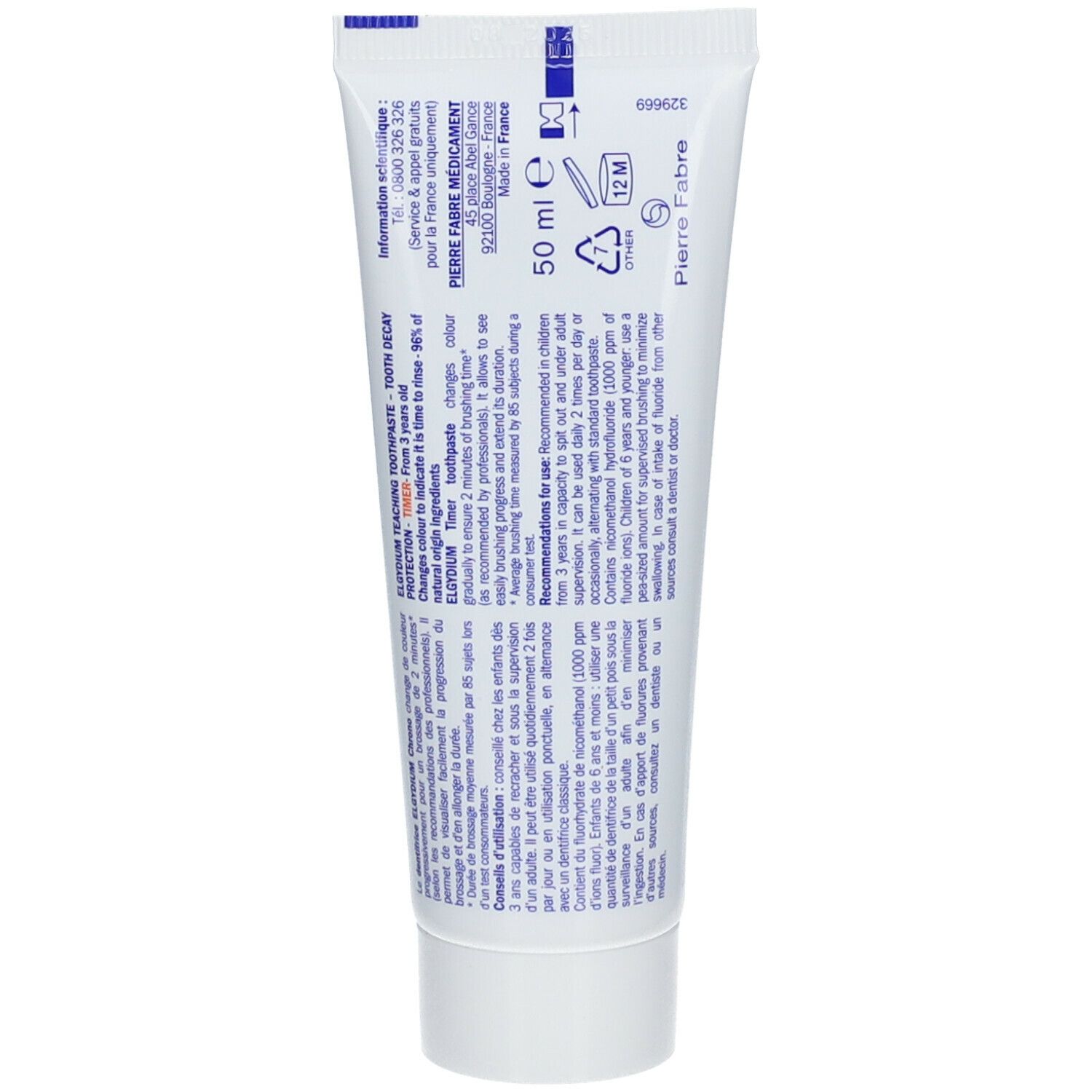 Achterkant van de ELGYDIUM CHRONO tandpastatube. Tekst: 50 ml, 12 M. Informatie en ingrediënten.