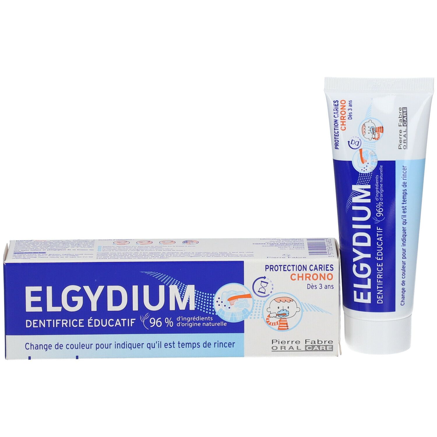 Tube en doos ELGYDIUM CHRONO tandpasta. Tekst: Protection Caries, Dès 3 ans. Pierre Fabre Oral Care.