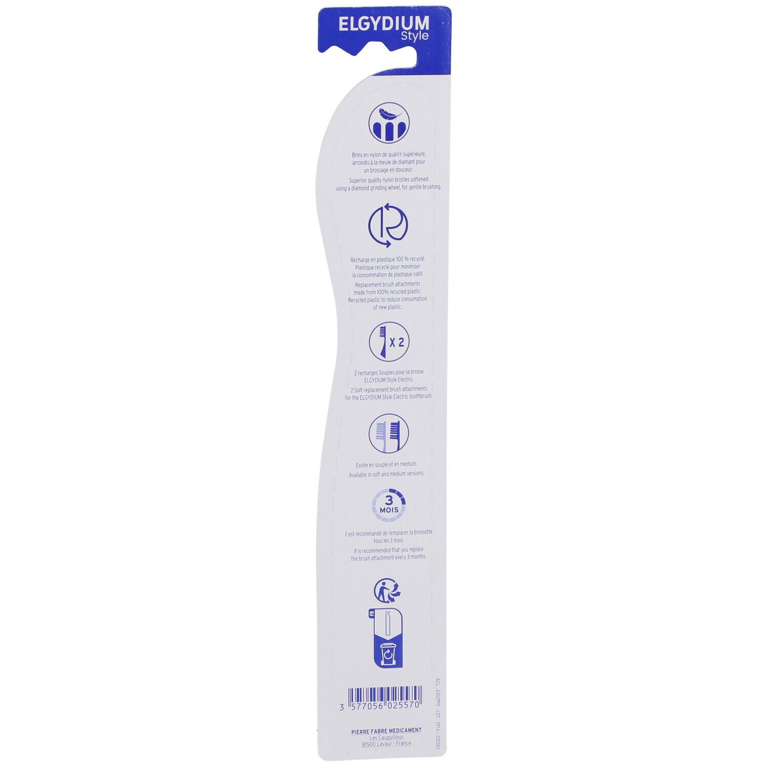 Rückseite der Blisterverpackung mit Produktinformationen und Piktogrammen. Enthält Informationen zur Nachhaltigkeit.