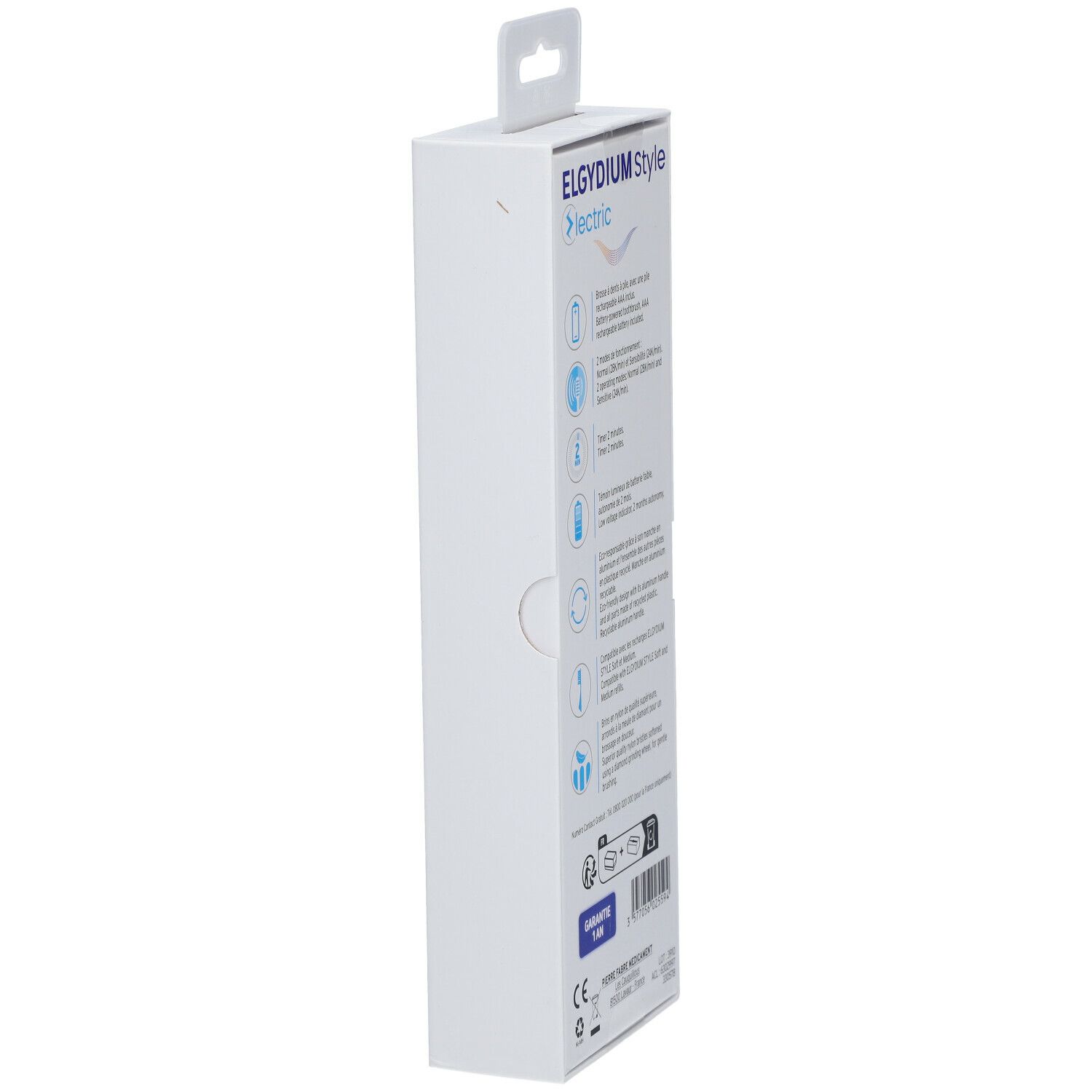 Verpackung einer elektrischen Zahnbürste. Weiß, mit Produktnamen und Logos. Seitenansicht.