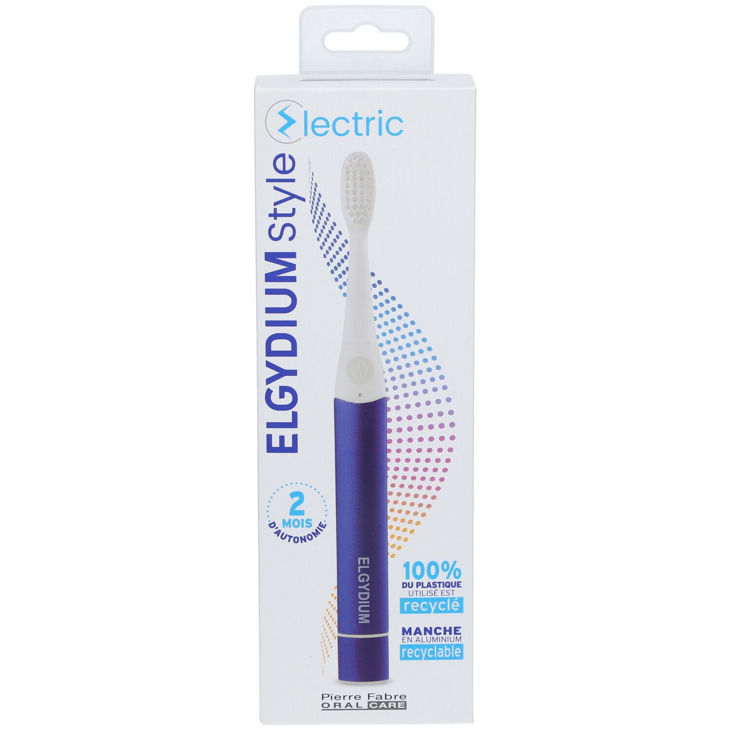 Elektrische Zahnbürste in Verpackung. Blau-weiße Bürste, blaue Griff. Verpackung mit Produktnamen und Logos.