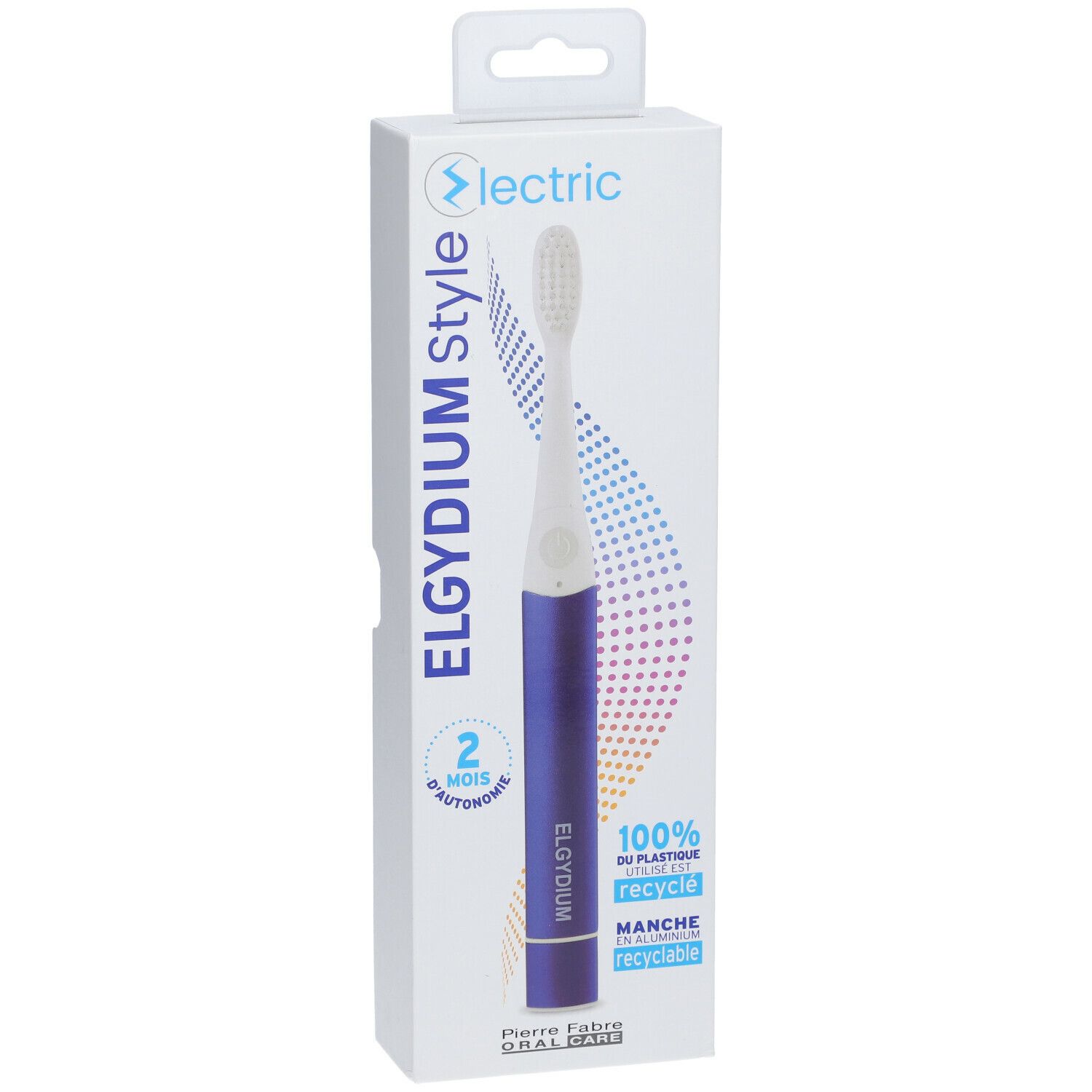 Elektrische Zahnbürste in Verpackung. Blau-weiße Bürste, blaue Griff. Verpackung mit Produktnamen und Logos.