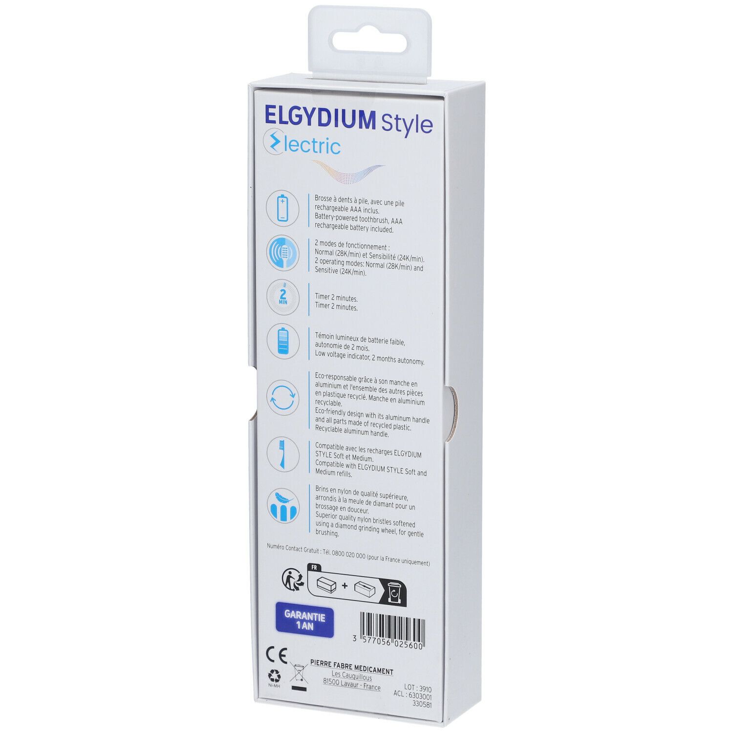 Rückseite der Verpackung. Text: ELGYDIUM Style, Produktmerkmale, Garantie. Symbole für Recycling und Zertifizierungen.