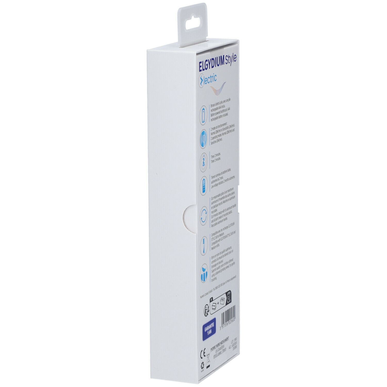 Seitenansicht der Verpackung. Text: ELGYDIUM Style, Produktmerkmale. Symbole für Funktionen und Zertifizierungen.