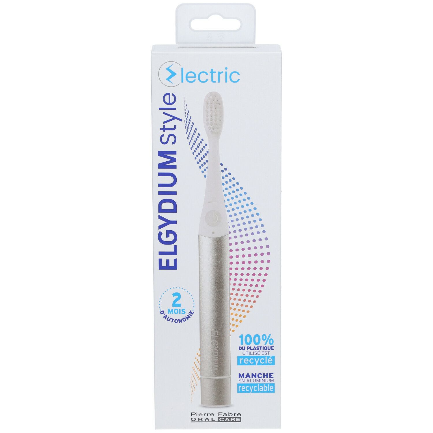 Elektrische Zahnbürste in Verpackung. Silberfarbener Griff, weißer Bürstenkopf. Text: ELGYDIUM Style, 2 Monate Autonomie.