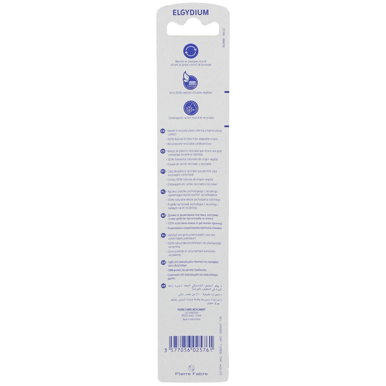 Rückseite der Zahnbürstenverpackung. Text mit Produktinformationen und Recycling-Symbolen.