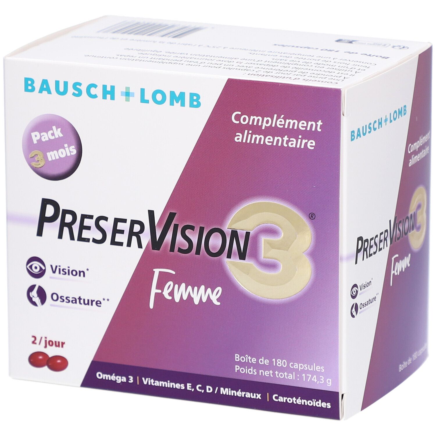 Boîte blanche avec texte PreserVision C3 Femme, Pack 3 mois. Contient 180 capsules. Marque Bausch + Lomb.