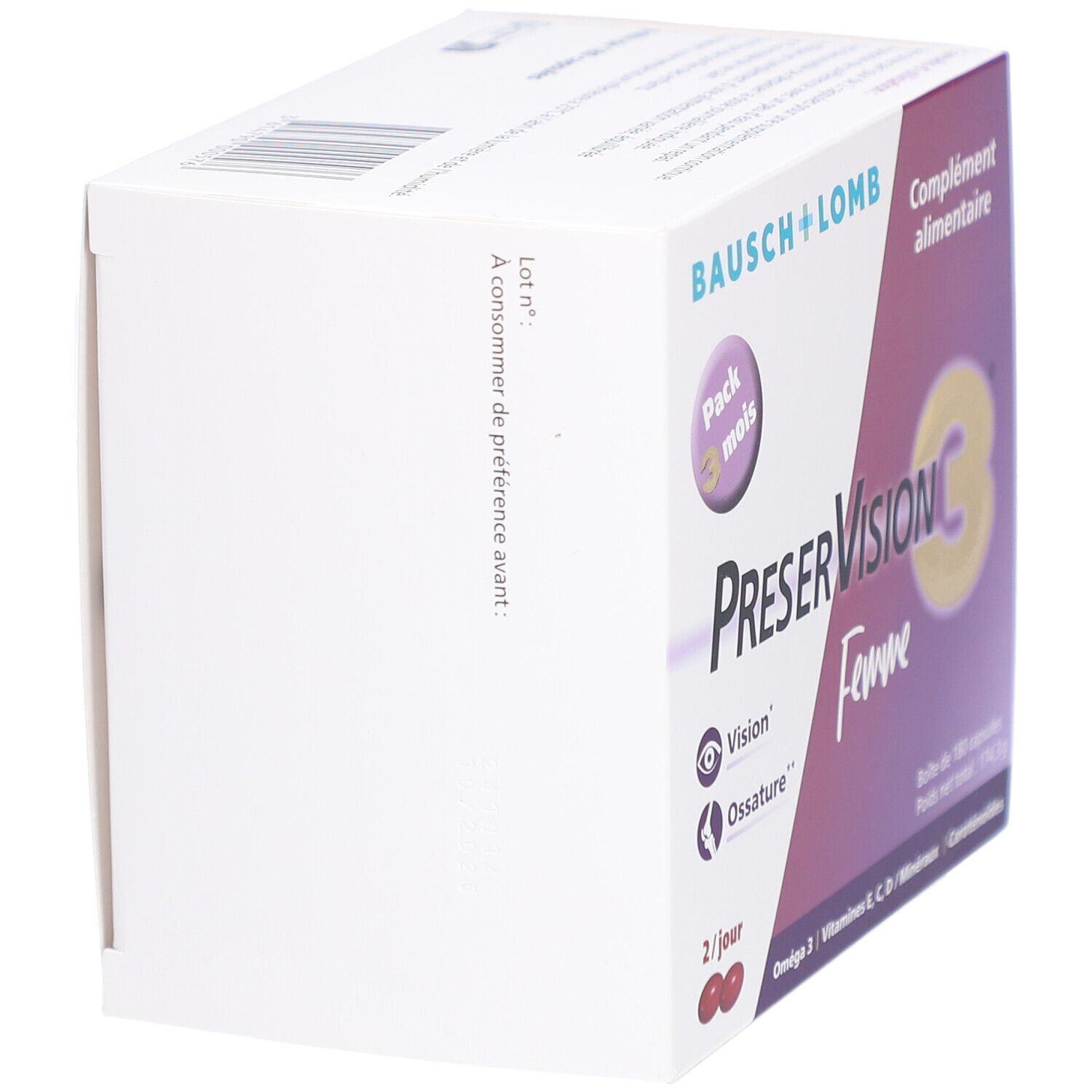 Vue oblique de l'emballage blanc. Inscription PreserVision C3 Femme, Pack 3 mois. Marque Bausch + Lomb.