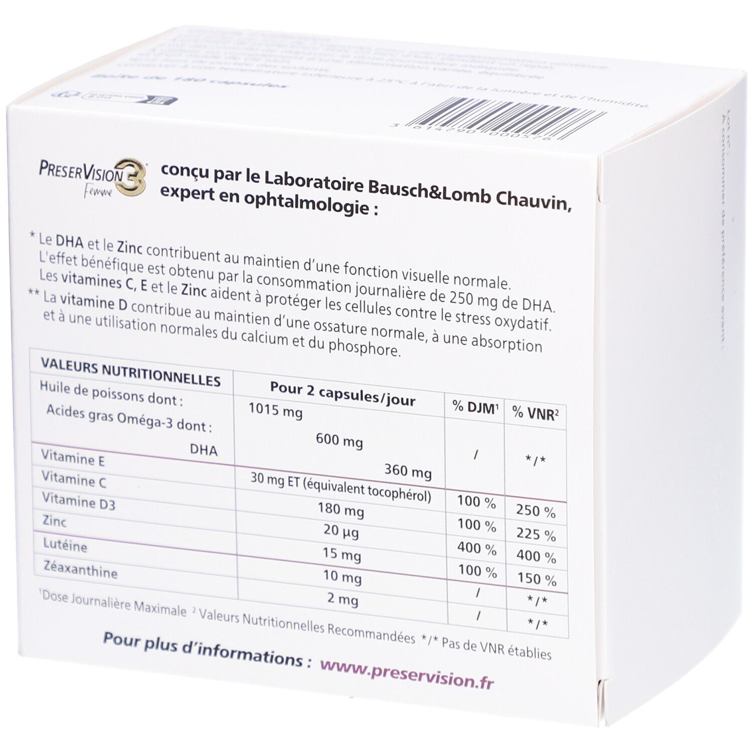 Dos de l'emballage. Texte avec informations nutritionnelles et ingrédients. Marque PreserVision C3 Femme.