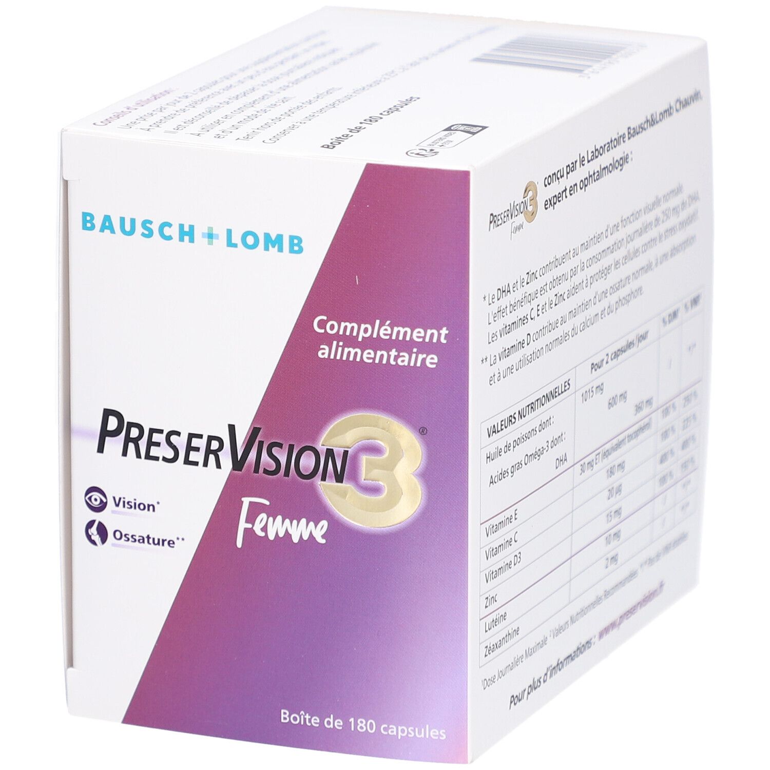 Emballage avec texte PreserVision C3 Femme, Pack 3 mois. Marque Bausch + Lomb. Contient 180 capsules.
