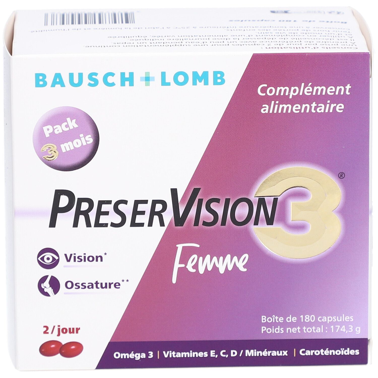 Emballage avec texte PreserVision C3 Femme, Pack 3 mois. Marque Bausch + Lomb. Contient 180 capsules.