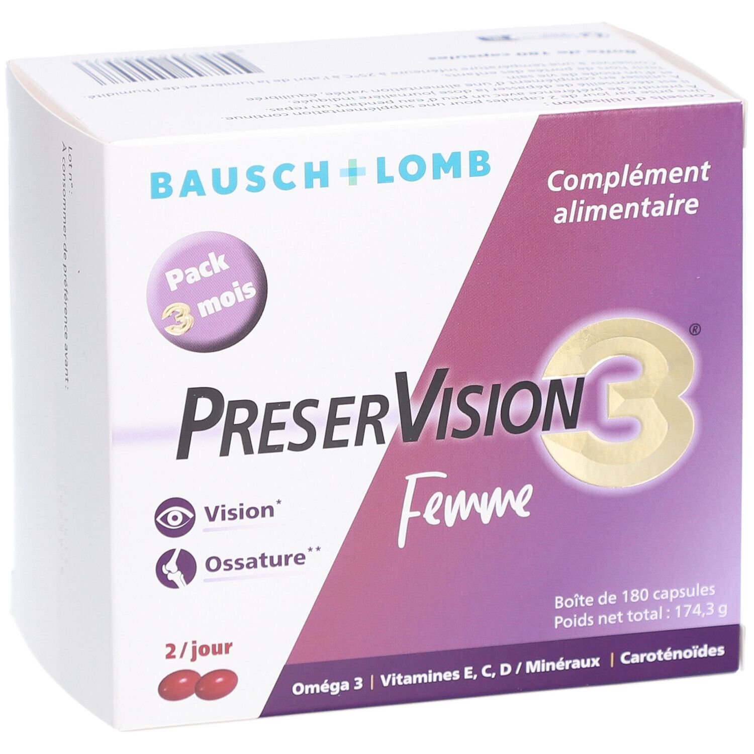 Emballage avec texte PreserVision C3 Femme, Pack 3 mois. Marque Bausch + Lomb. Contient 180 capsules.