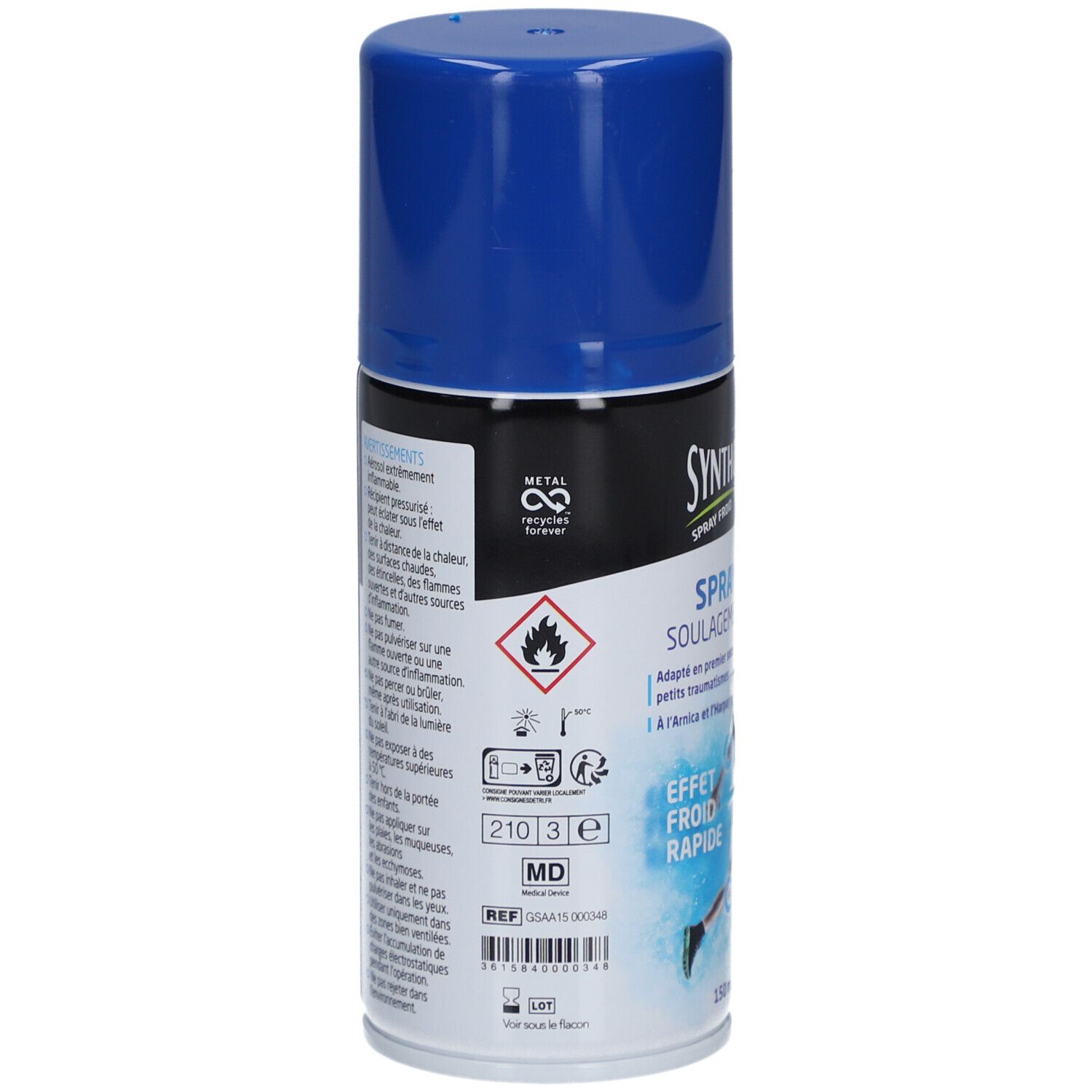 Achterkant van de aërosolspray. Opschrift: SyntholKine Spray Froid. Waarschuwingen en recyclagesymbool.