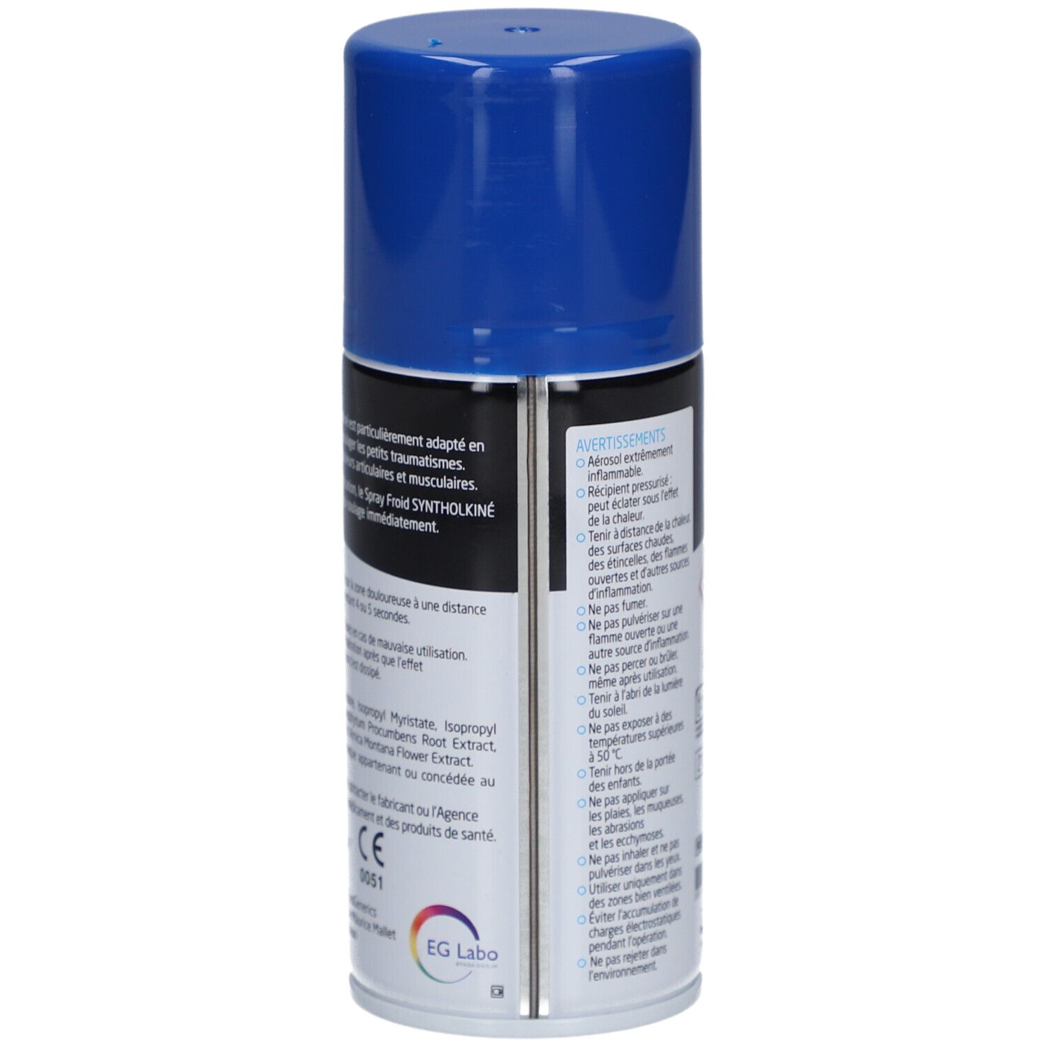 Achterkant van de aërosolspray. Opschrift: SyntholKine Spray Froid. Waarschuwingen en ingrediënten.
