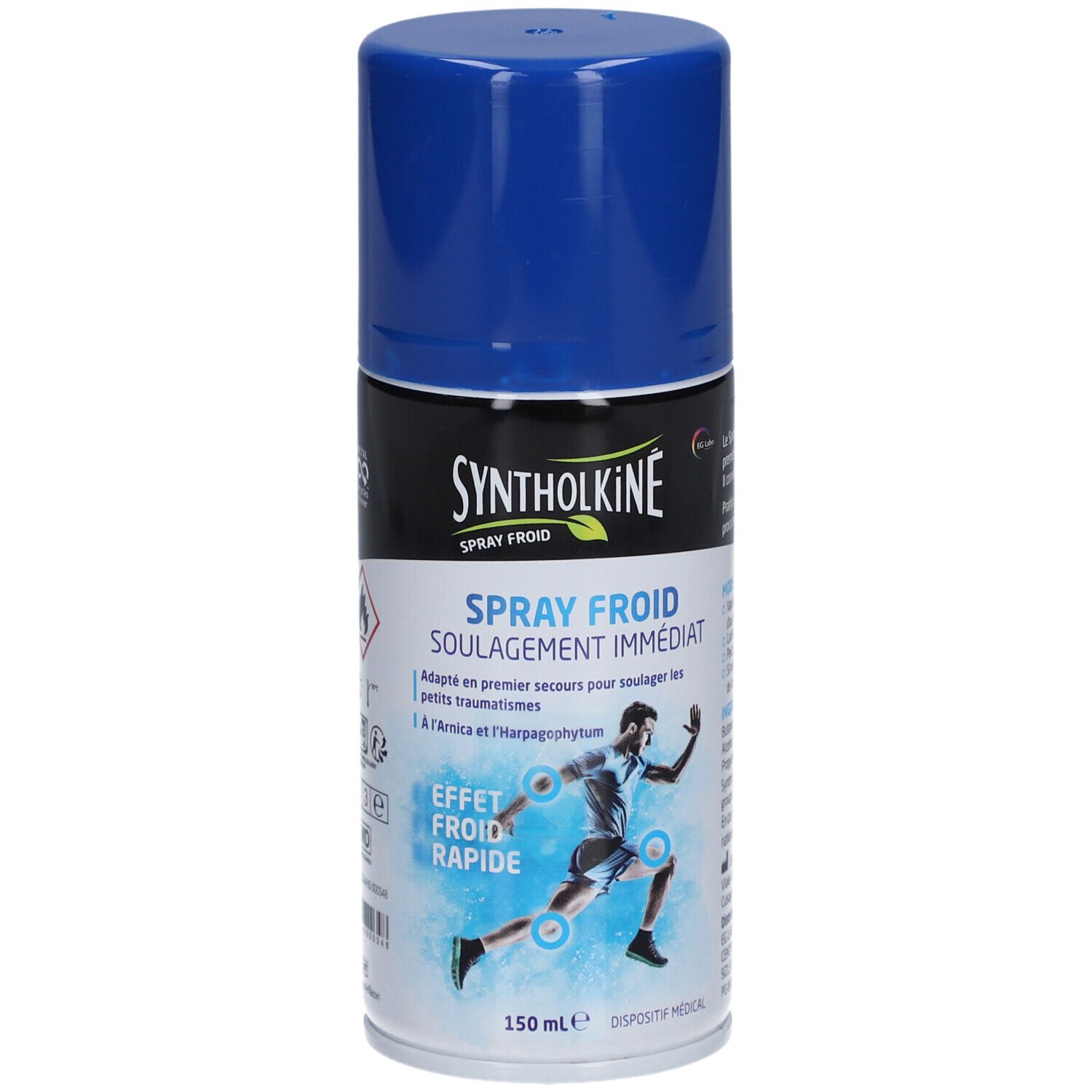 Aërosolspray met blauwe dop. Opschrift: SyntholKine Spray Froid. Afbeelding van een sporter met blauwe cirkels.