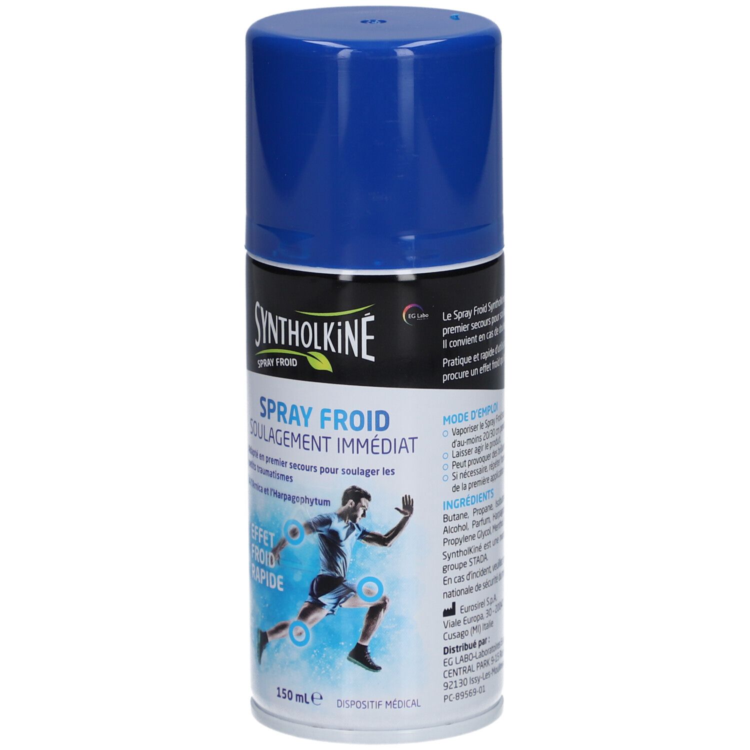Aërosolspray met blauwe dop. Opschrift: SyntholKine Spray Froid. Afbeelding van een sporter met blauwe cirkels.