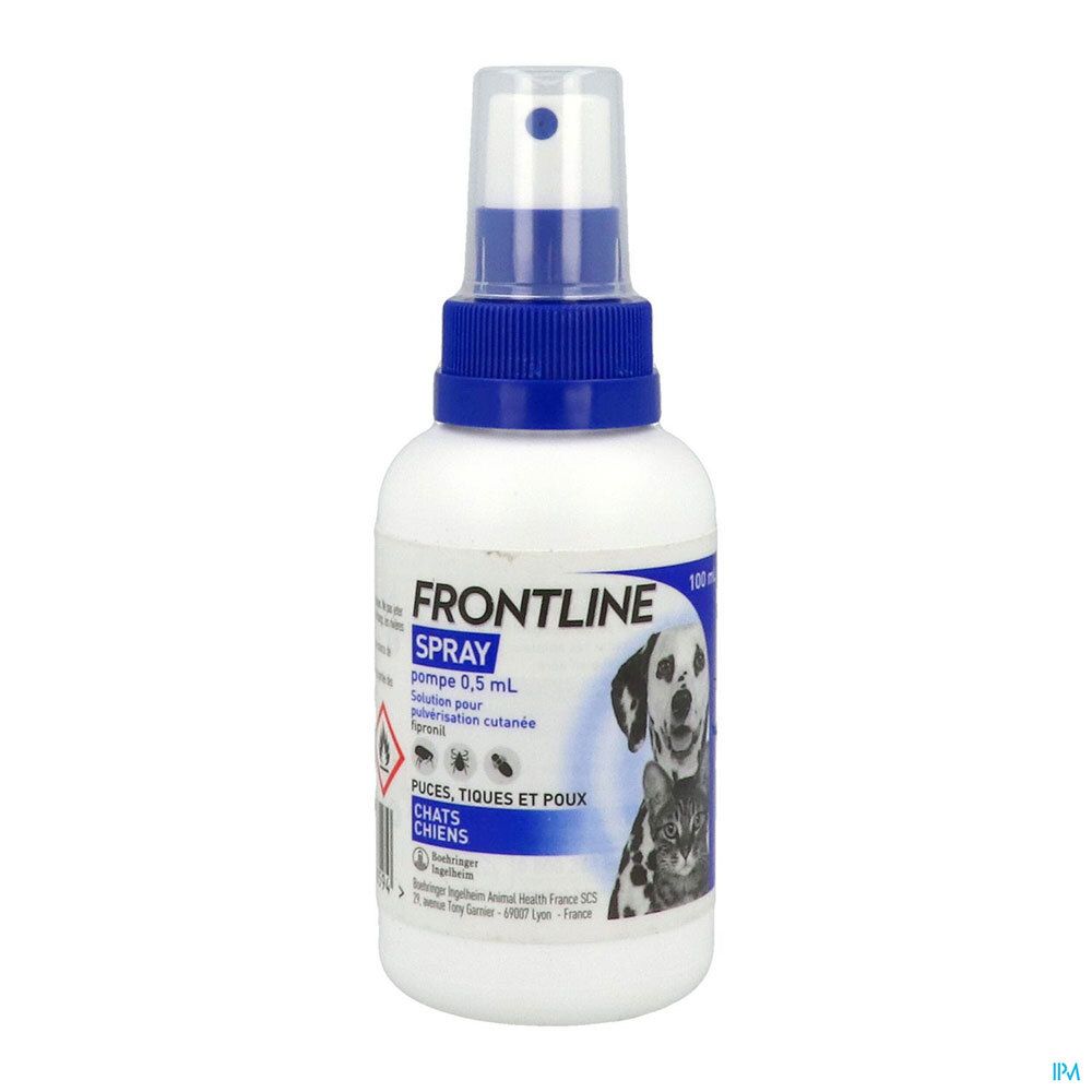 Flacon spray blanc et bleu. Inscription FRONTLINE SPRAY. Illustration chien et chat. Pour puces, tiques et poux.
