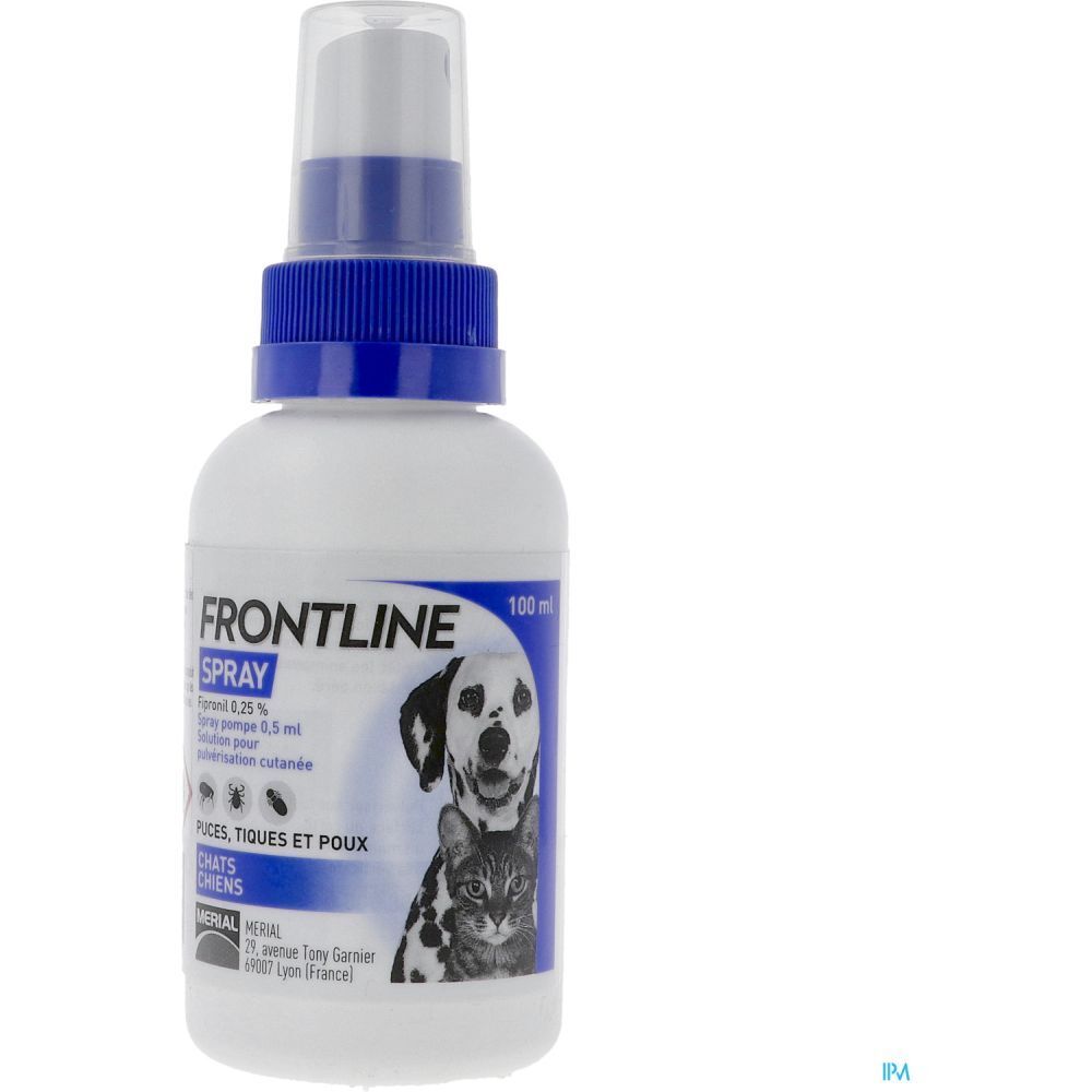 Flacon spray blanc et bleu. Inscription FRONTLINE SPRAY. Illustration chien et chat. Pour puces, tiques et poux.