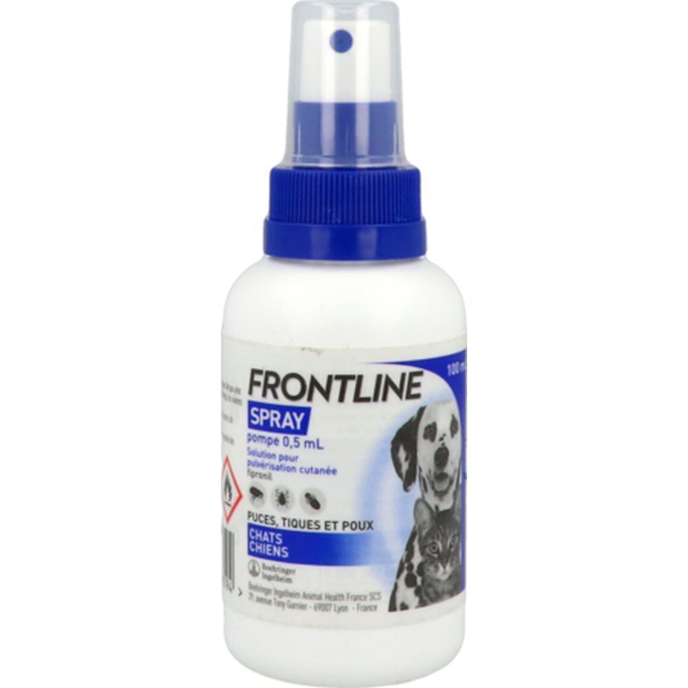 Flacon spray blanc et bleu. Inscription FRONTLINE SPRAY. Illustration chien et chat. Pour puces, tiques et poux.