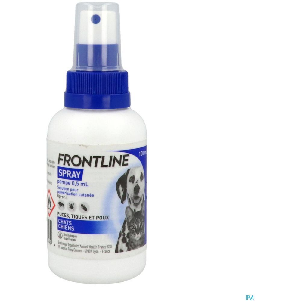 Flacon spray blanc et bleu. Inscription FRONTLINE SPRAY. Illustration chien et chat. Pour puces, tiques et poux.