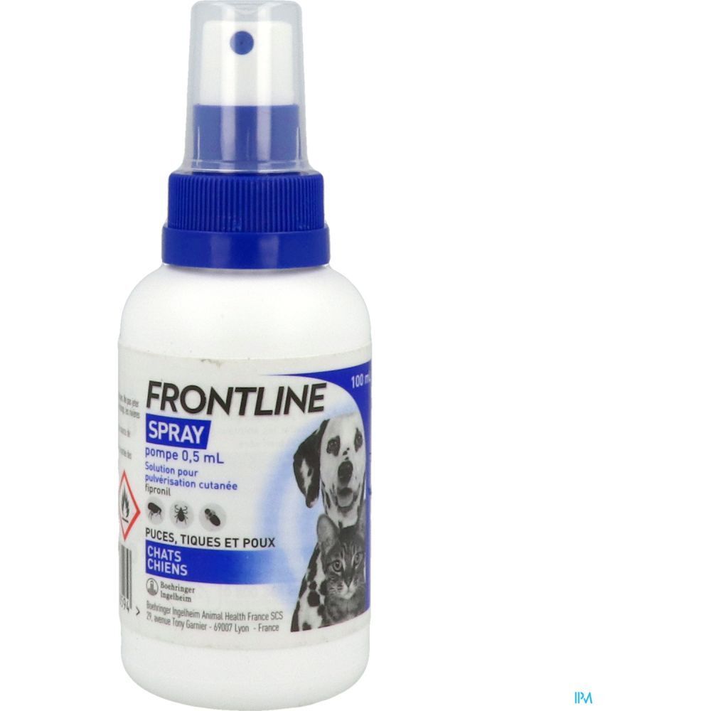 Flacon spray blanc et bleu. Inscription FRONTLINE SPRAY. Illustration chien et chat. Pour puces, tiques et poux.