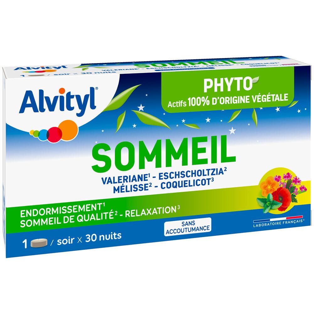 Boîte ALVITYL® Sommeil. Inscription 'Sommeil', 'Phyto', 'Actifs 100% d'origine végétale'.