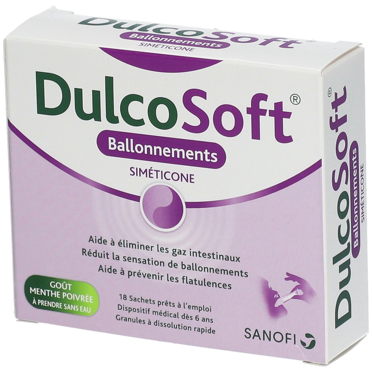 Verpackung von DulcoSoft® Blähungen. Weißer Karton mit lila Akzenten und Produktnamen. Enthält 18 Sachets.