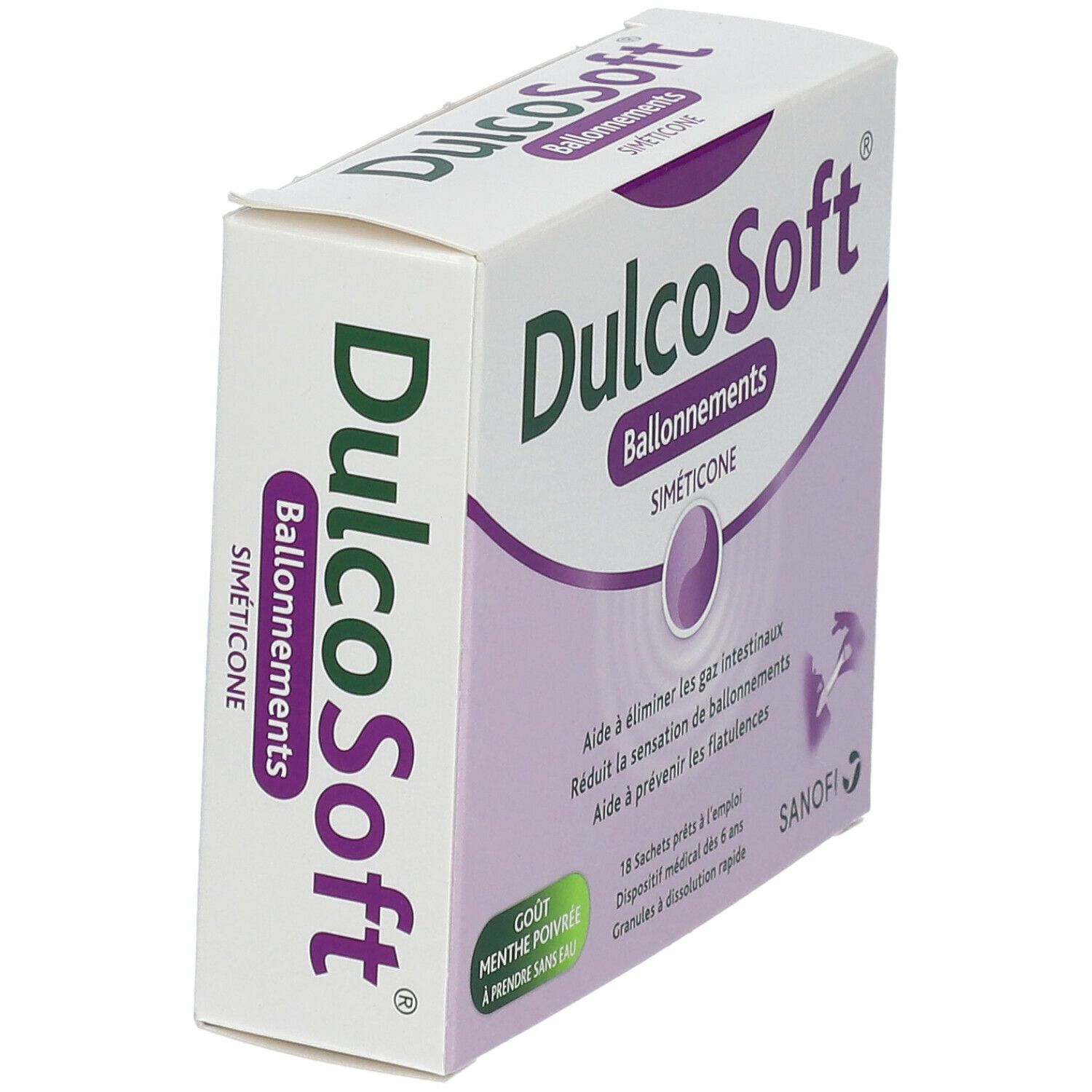 Schrägansicht der DulcoSoft® Blähungen Verpackung. Weißer Karton mit lila Akzenten und Produktnamen. Text auf der Seite.