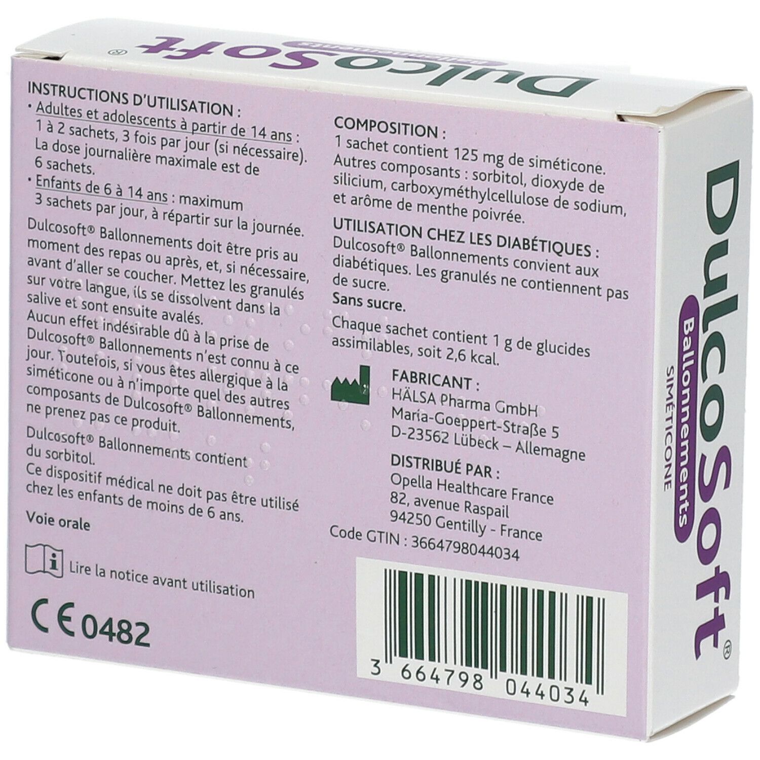 Rückseite der DulcoSoft® Blähungen Verpackung. Enthält Informationen zu Inhaltsstoffen, Anwendung und Hersteller.
