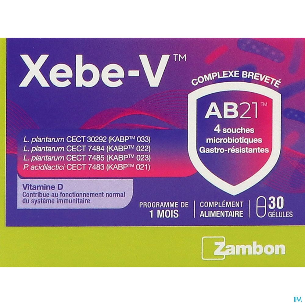 Boîte Xebe-V, logo et texte. Contient 30 gélules. Contient de la vitamine D et le complexe AB21. Marque Zambon.
