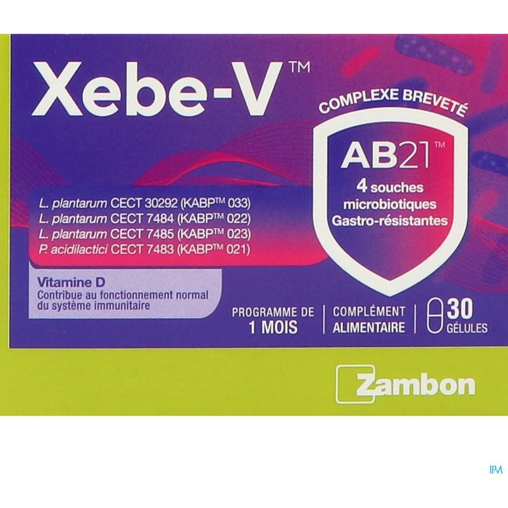 Boîte Xebe-V, logo et texte. Contient 30 gélules. Contient de la vitamine D et le complexe AB21. Marque Zambon.