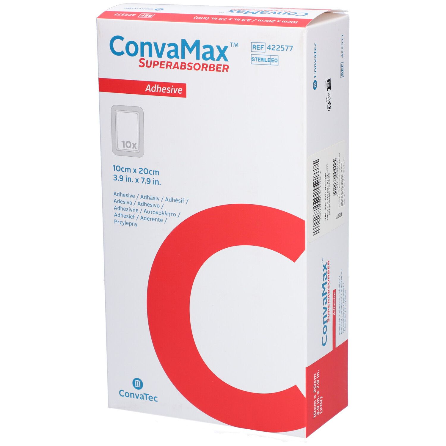 Emballage CONVAMAX Superabsorber, 10 x 20 cm. Blanc avec un C rouge. Nom du produit et dimensions visibles.