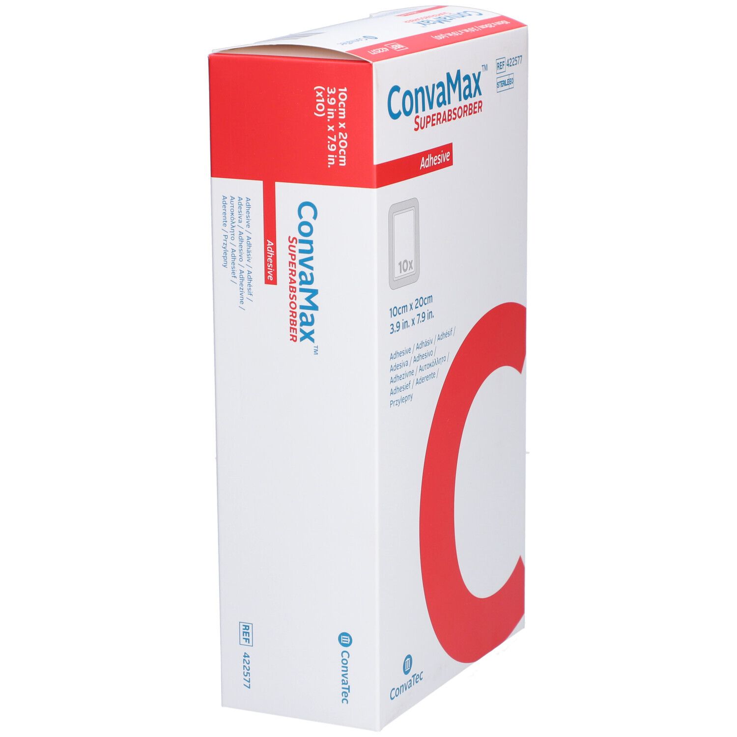 Emballage CONVAMAX Superabsorber, 10 x 20 cm. Bande rouge en haut. Nom du produit et dimensions visibles.
