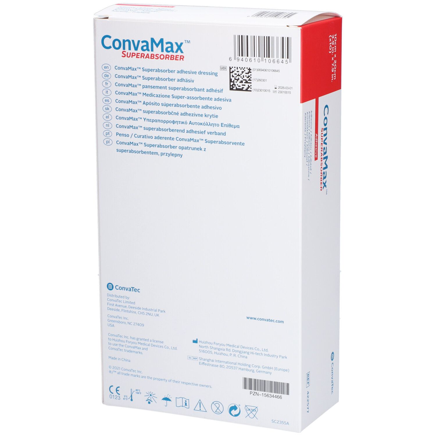 Dos de l'emballage CONVAMAX Superabsorber. Informations multilingues et code-barres.