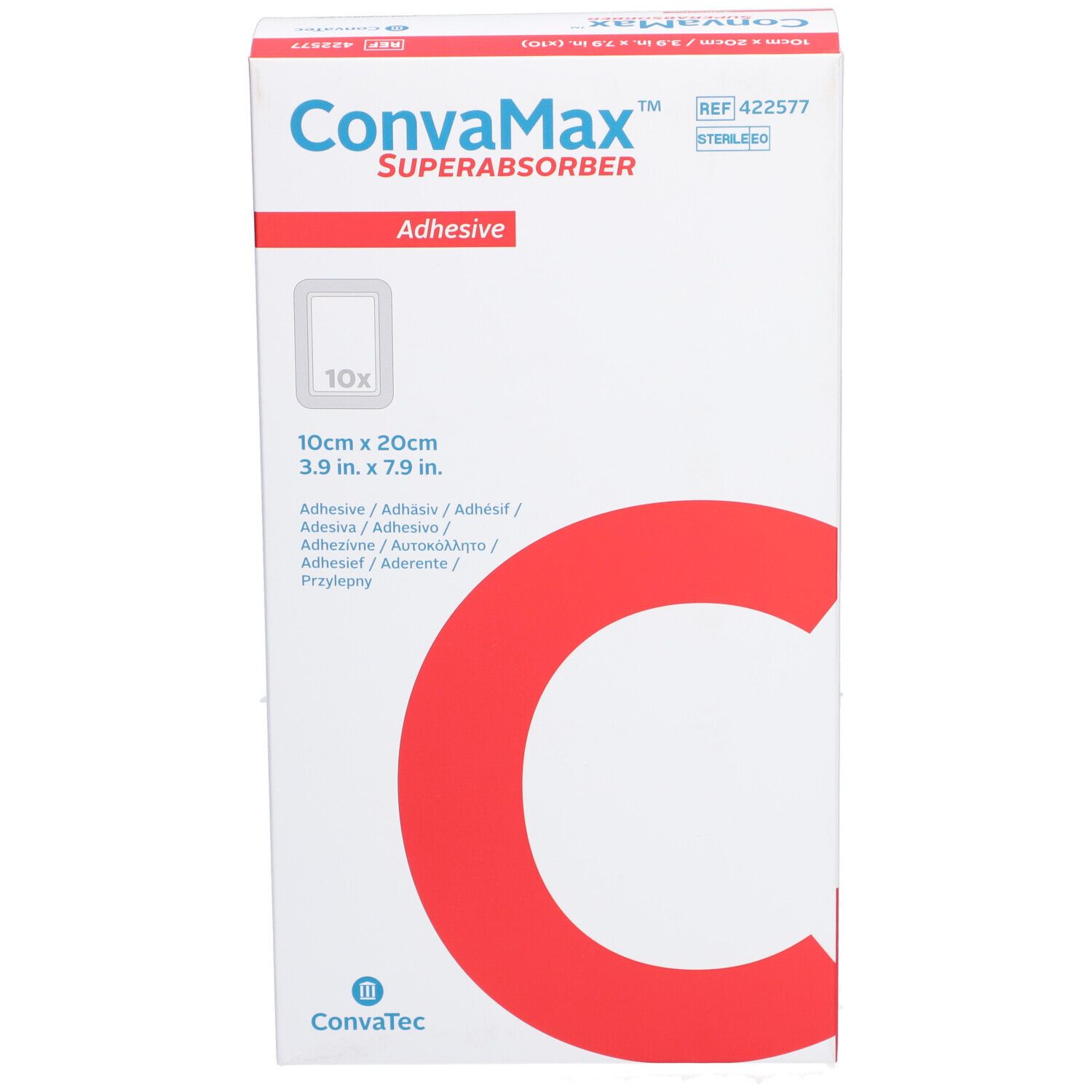 Emballage CONVAMAX Superabsorber, 10 x 20 cm. Blanc avec un C rouge. Nom du produit et dimensions visibles.